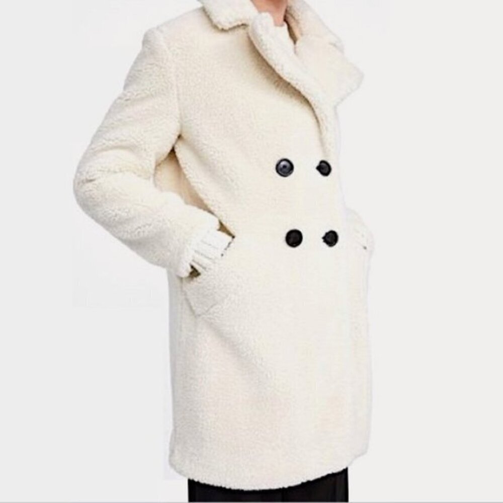 Zara Faux Fur Teddy Double Breasted Coat in Cream White Size Large